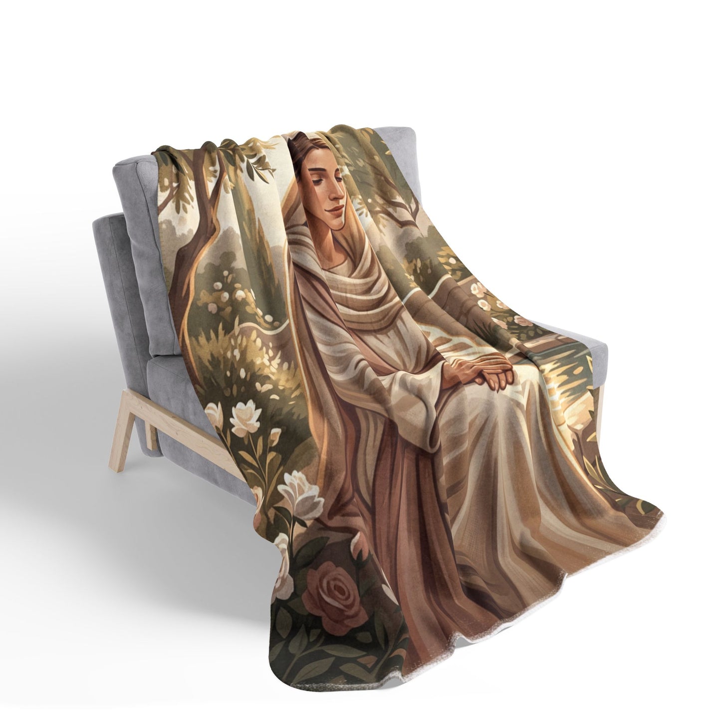 Mary in the Garden Sherpa Blanket — Soft Religious Fleece Throw