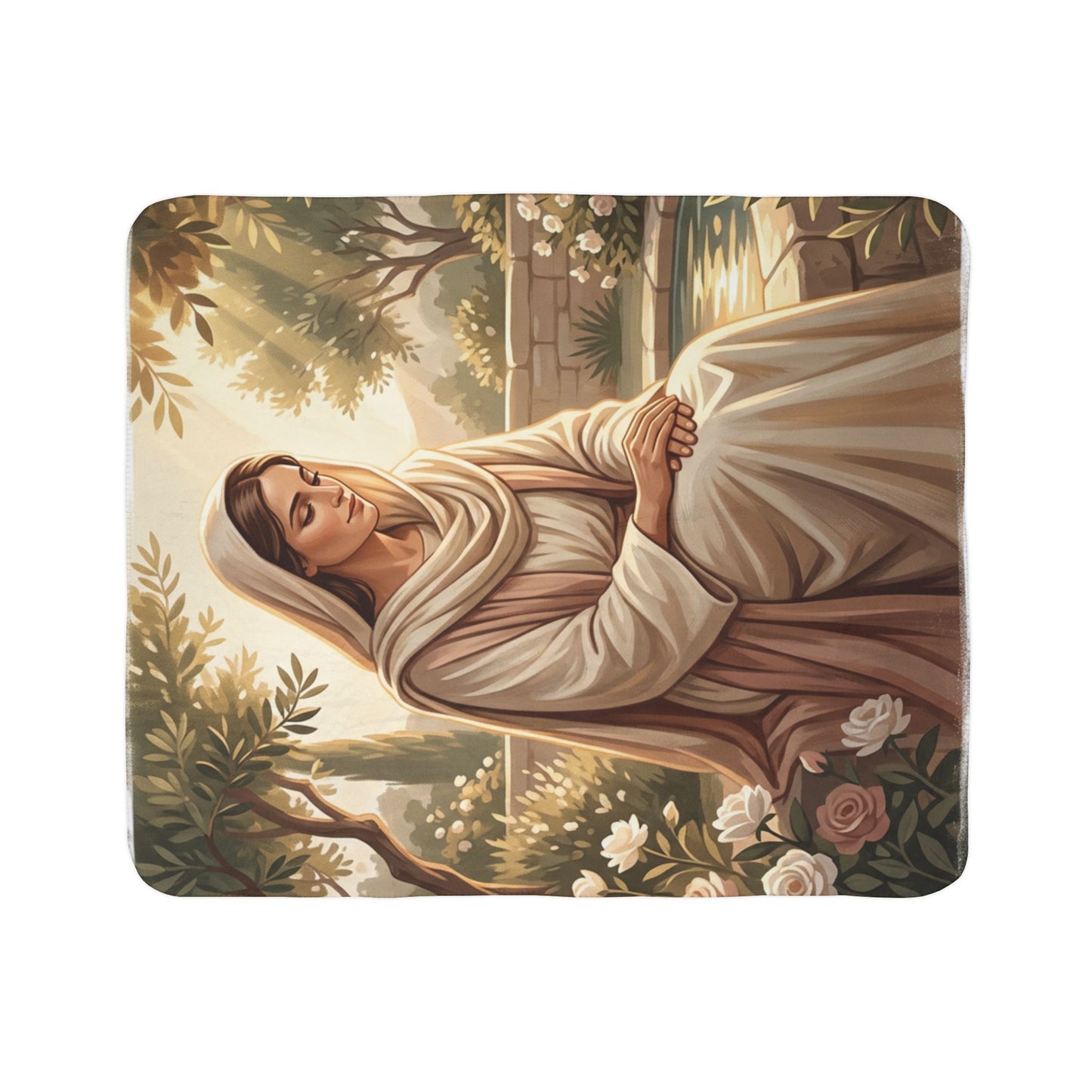 Mary in the Garden Sherpa Blanket — Soft Religious Fleece Throw
