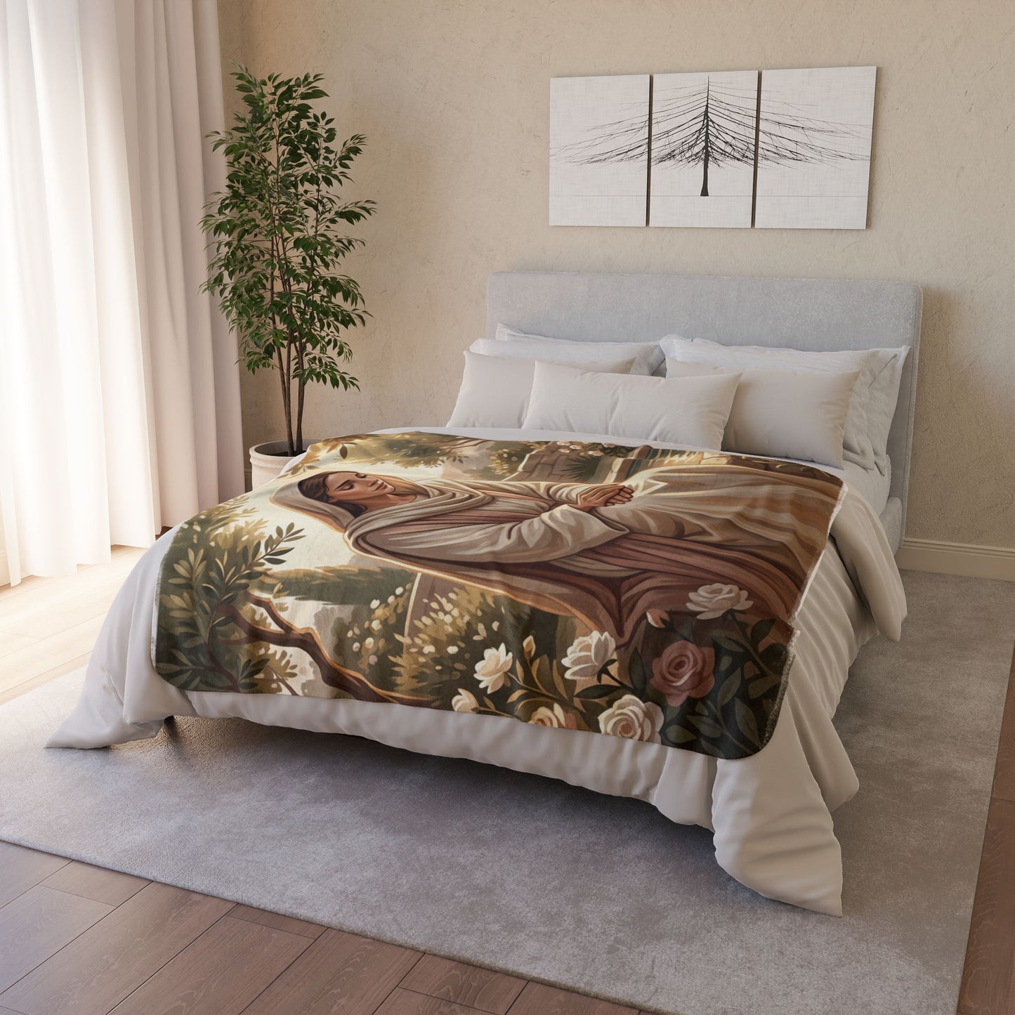 Mary in the Garden Sherpa Blanket — Soft Religious Fleece Throw
