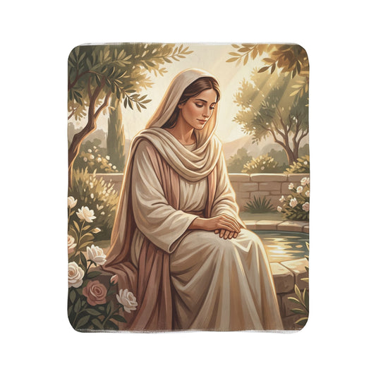 Mary in the Garden Sherpa Blanket — Soft Religious Fleece Throw