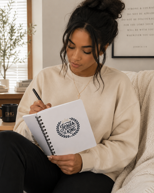 A woman sits on a couch in a cozy living room setting, writing in a white spiral notebook that features a black laurel wreath logo with the text 'The Word is King'. She is wearing a beige sweatshirt and black pants.
