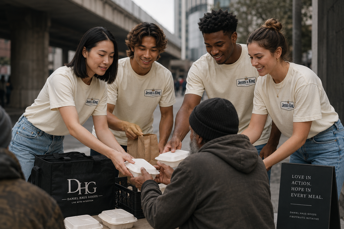 Group of people in matching shirts serving food to a person in need outdoors.