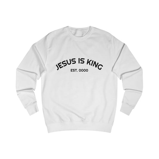 White Jesus Is King Christian sweatshirt by Daniel Haus Goods, featuring minimalist faith-inspired design.