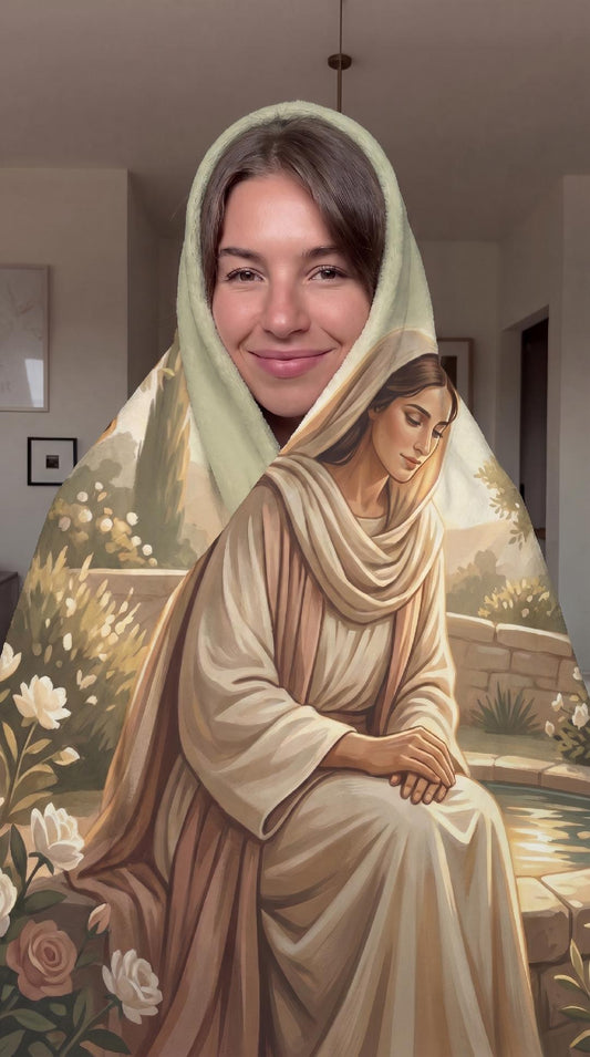 Mary in the Garden Sherpa Blanket — Soft Religious Fleece Throw